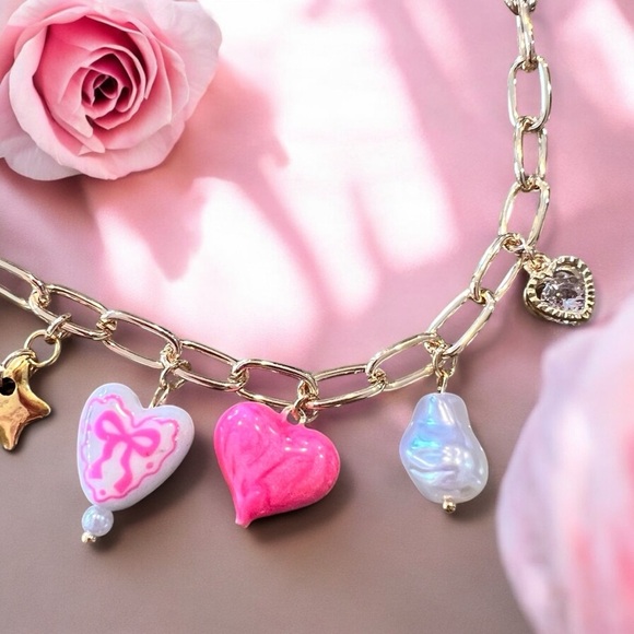 Pink and gold charm necklace Girly and Cute Coquette girl aesthetics Adorable - Picture 12 of 17